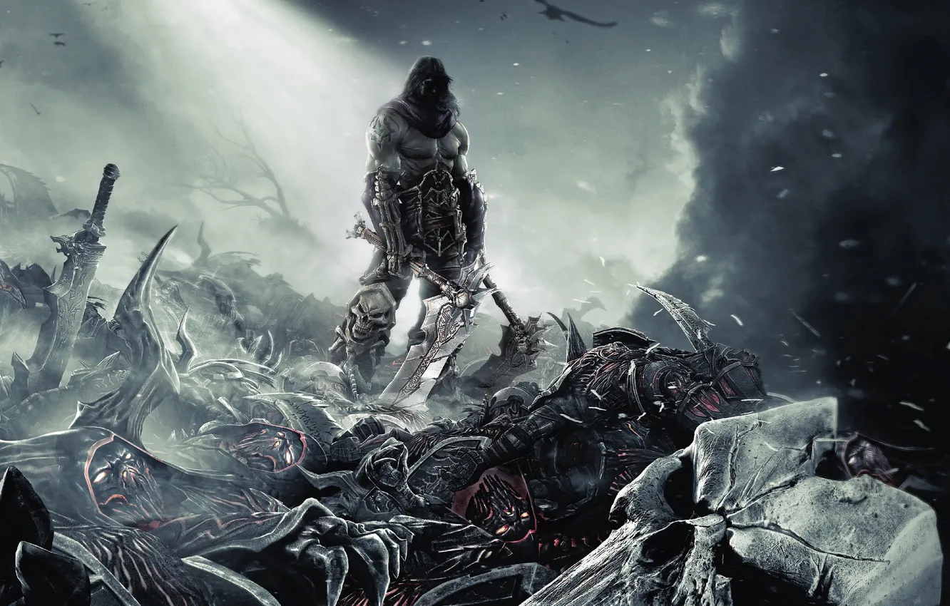 Photo wallpaper death, smoke, dust, sword, the demon, mask, bones, braid