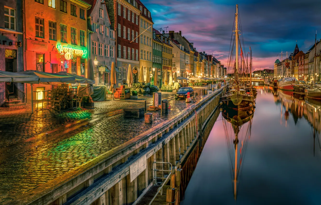 Photo wallpaper ships, Denmark, channel, promenade, Denmark, Copenhagen, Copenhagen, New Harbor