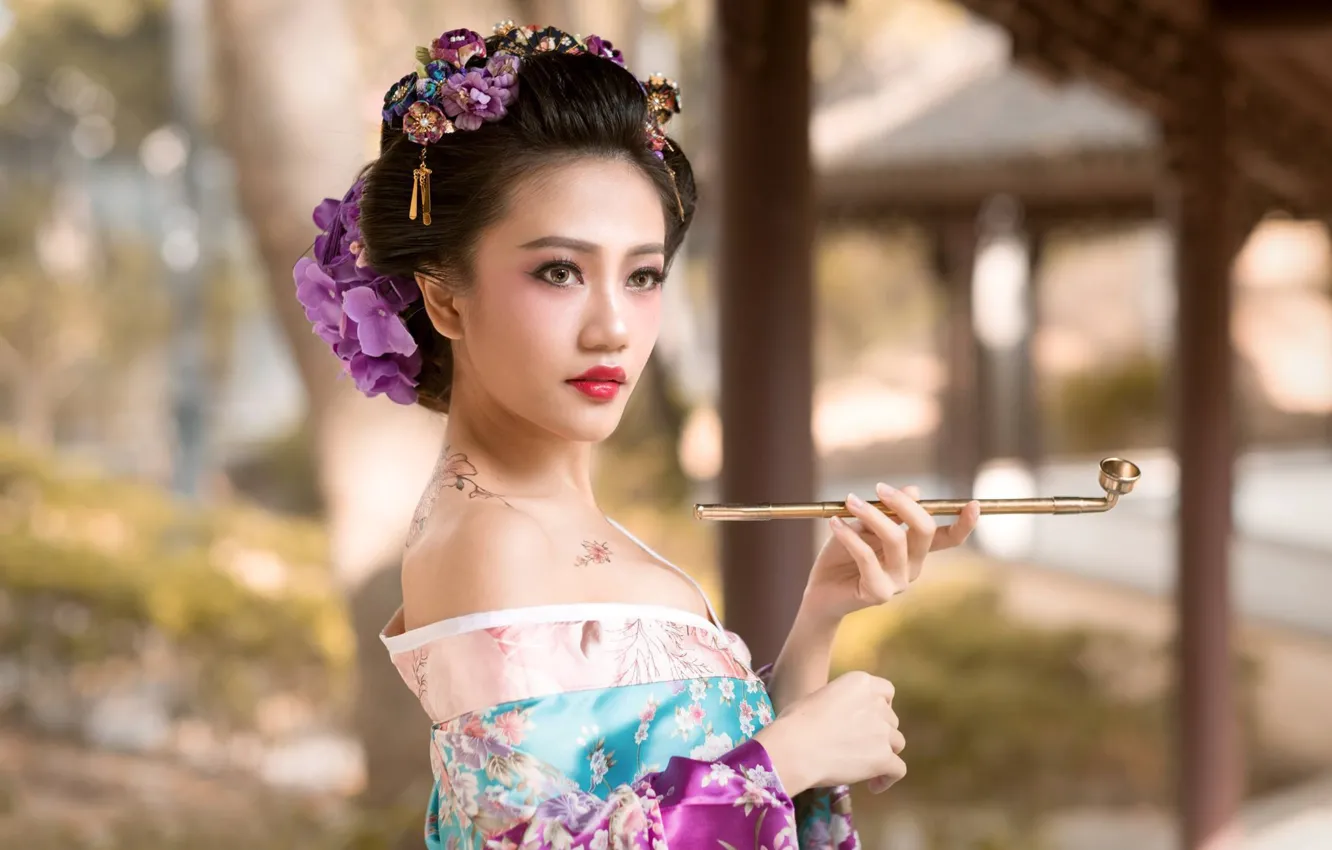 Photo wallpaper girl, flowers, style, tube, tattoo, geisha, kimono, Asian