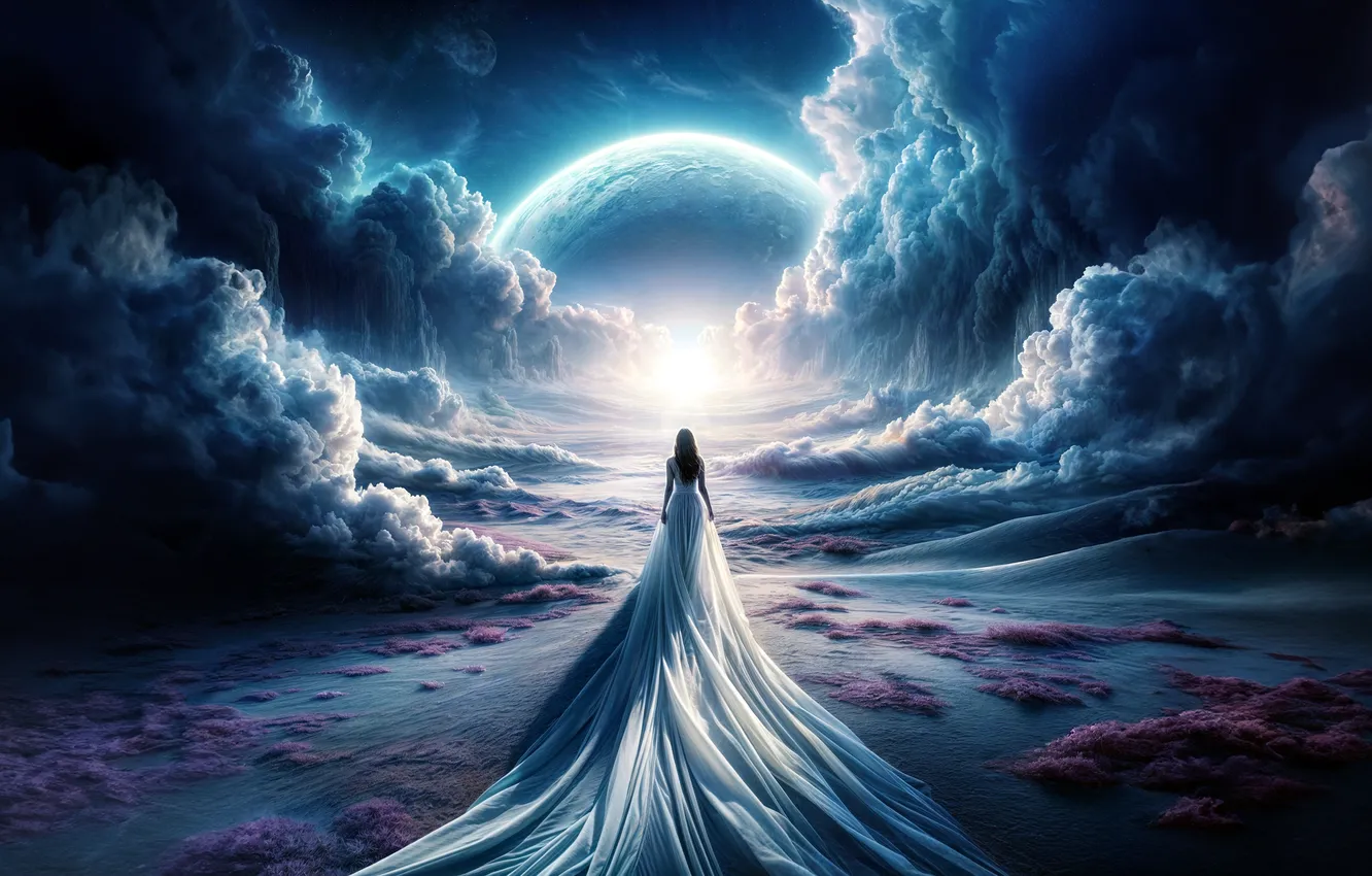 Photo wallpaper neural network, fantasy, clouds, the sky, landscape, light, AI art, is back