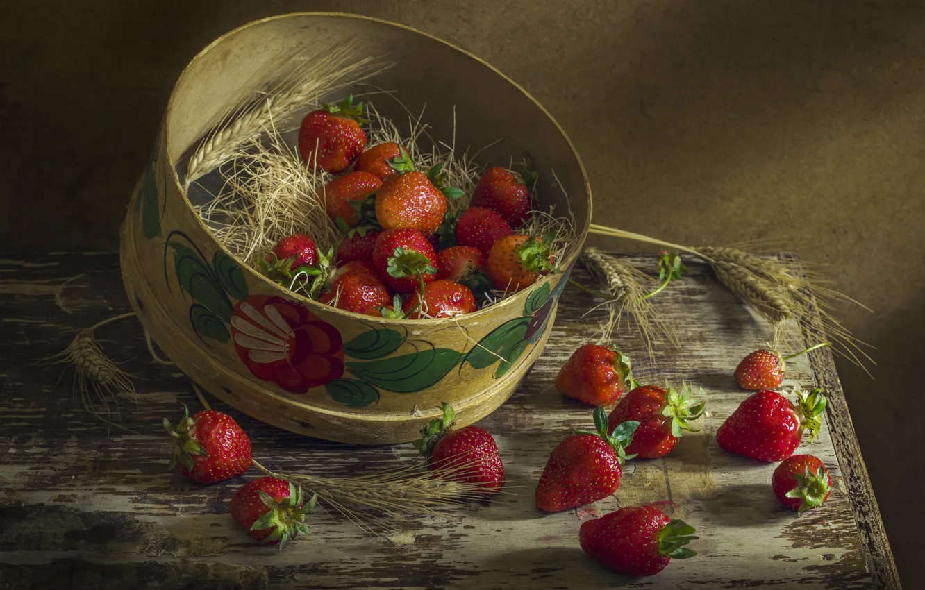 Photo wallpaper berries, table, strawberry, ears, still life, sieve