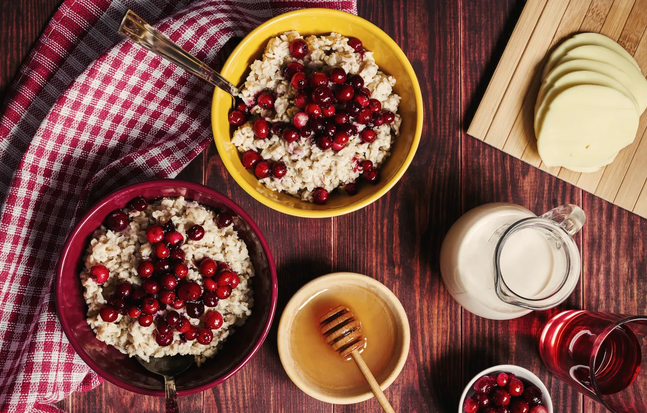 Photo wallpaper berries, food, cheese, milk, honey, fabric, sweet, porridge