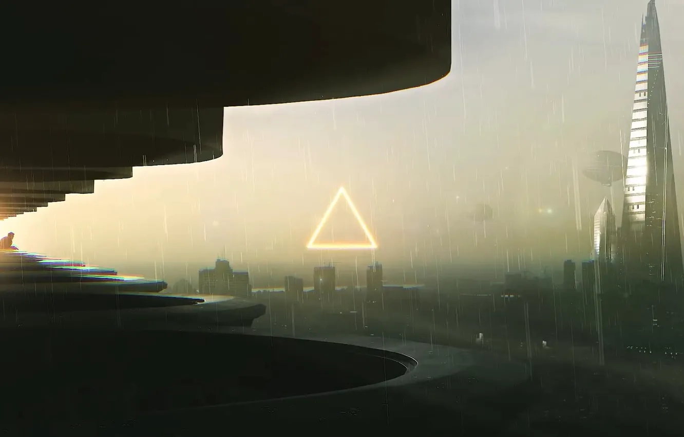 Photo wallpaper sunset, the city, rain, people, skyscrapers, balcony, cyberpunk, Cyberpunk