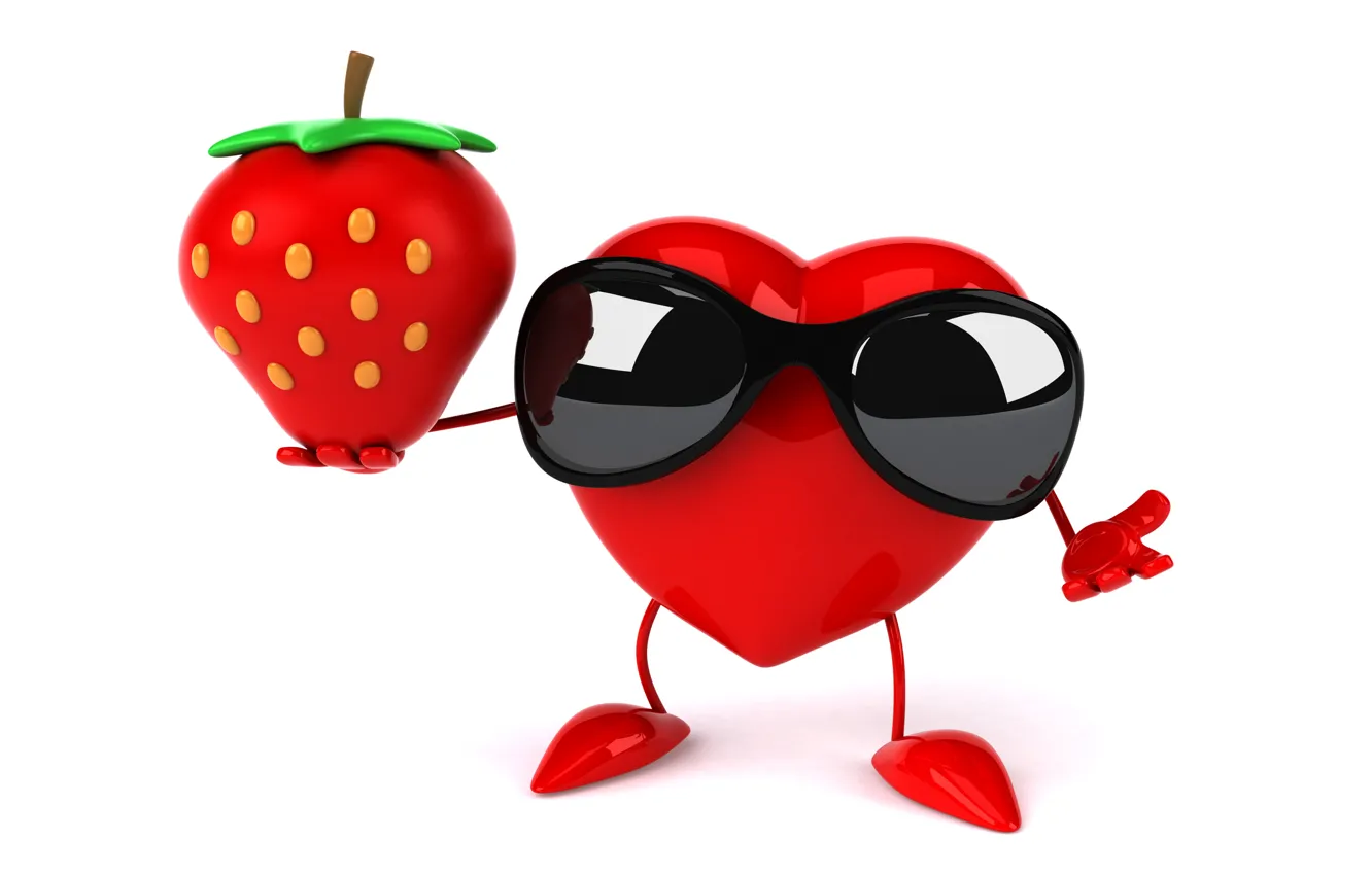 Photo wallpaper heart, strawberry, heart, strawberry, funny, rendering, sunglasses, 3D Art