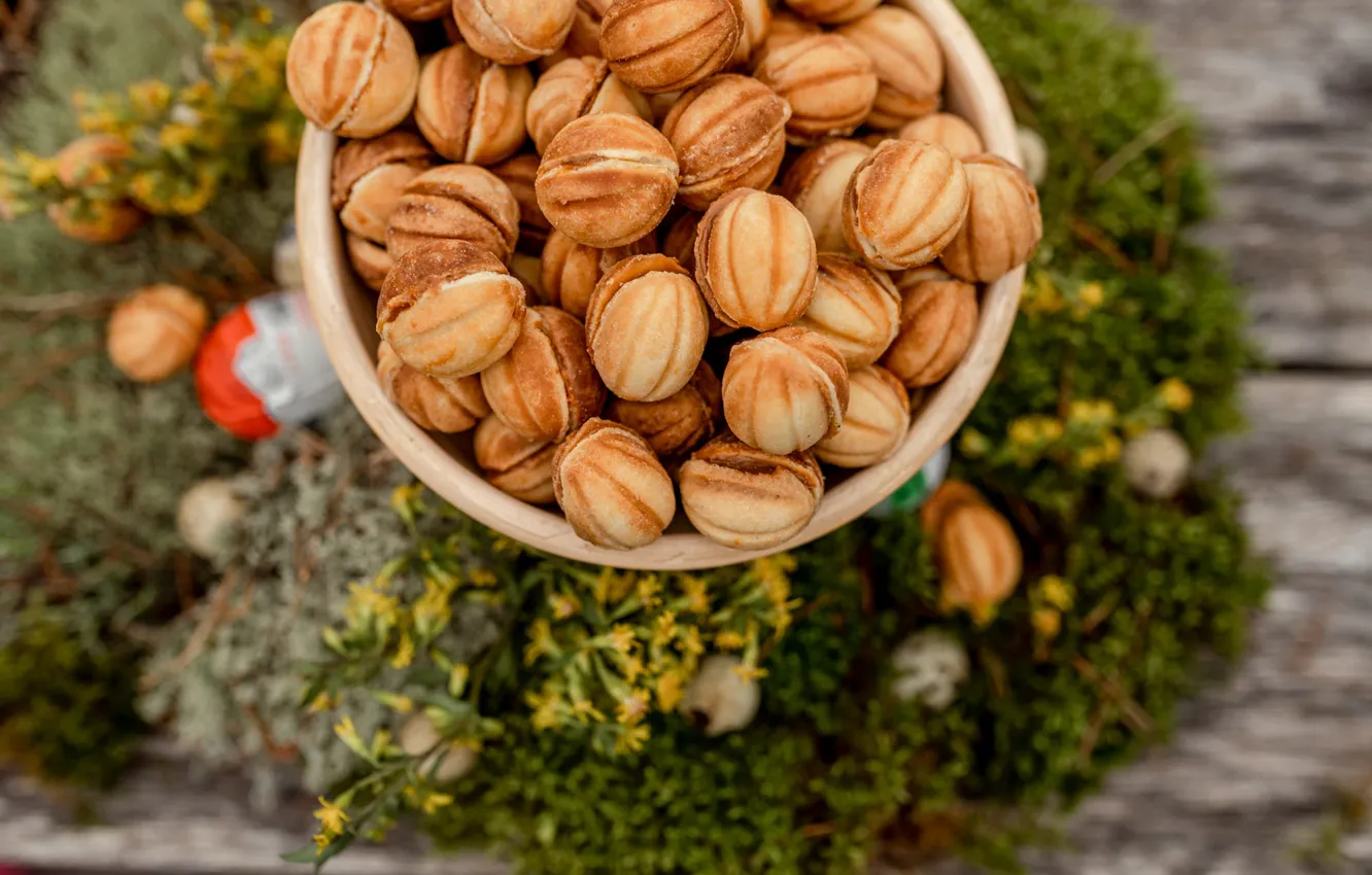 Photo wallpaper greens, flowers, Board, cookies, bowl, a lot, cakes, nuts