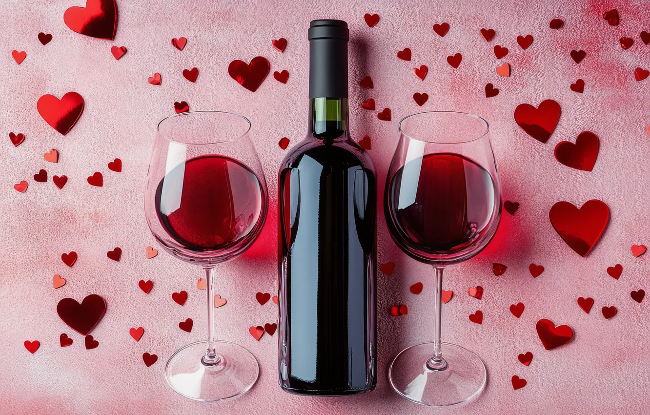Photo wallpaper glass, love, red, holiday, wine, heart, glass, bottle