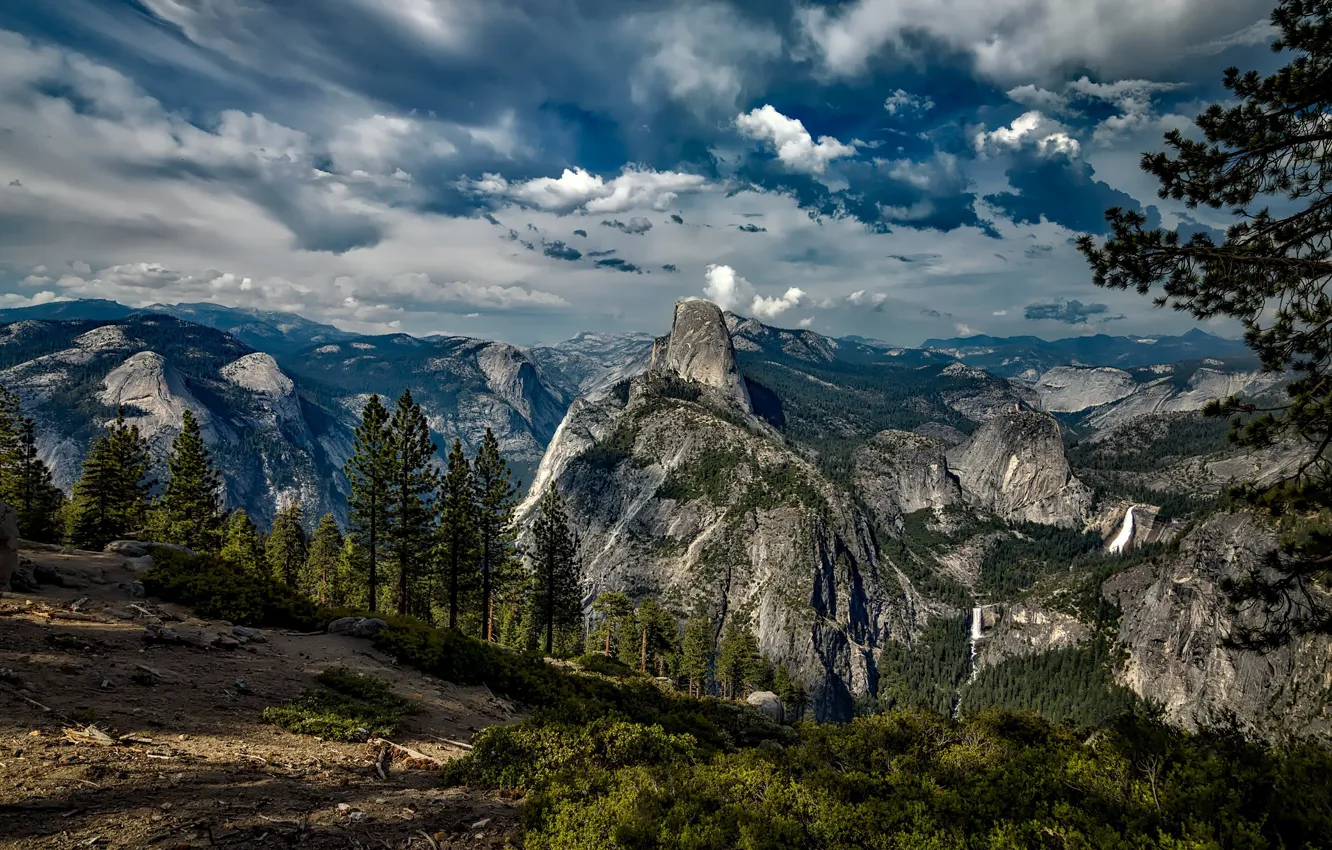 Photo wallpaper forest, clouds, trees, mountains, nature, stones, rocks, slope