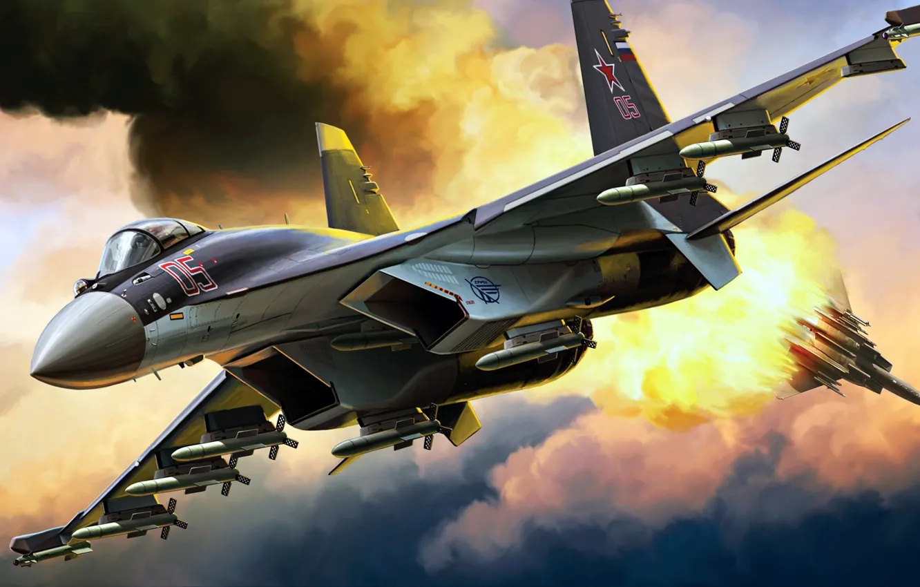 Photo wallpaper Su-35, dogfight, Sukhoi, Flanker-Е+, the generation 4++fighter, KittyHawk, Russian multipurpose highly maneuverable