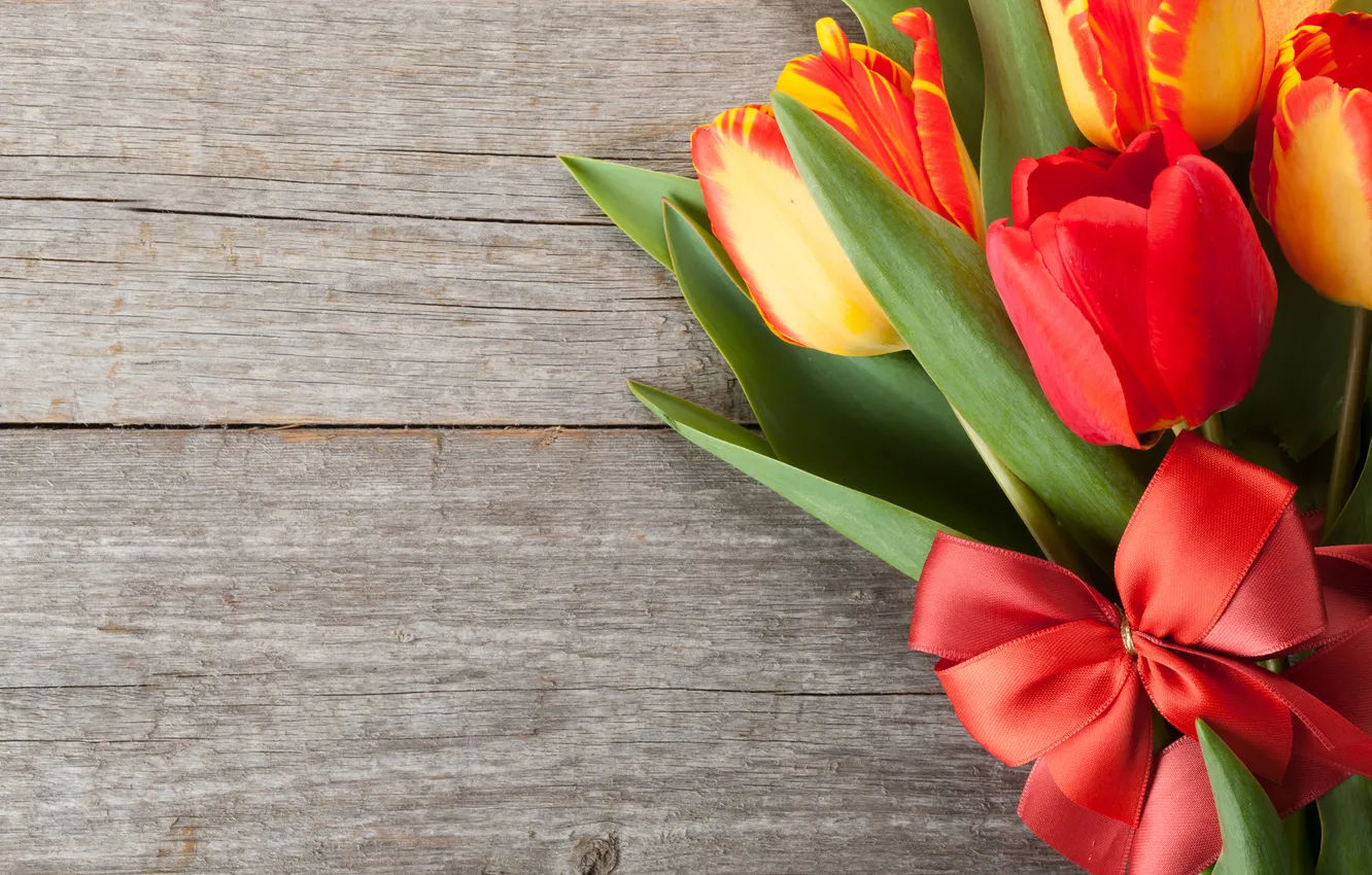 Photo wallpaper flowers, bouquet, colorful, tulips, red, wood, flowers, tulips