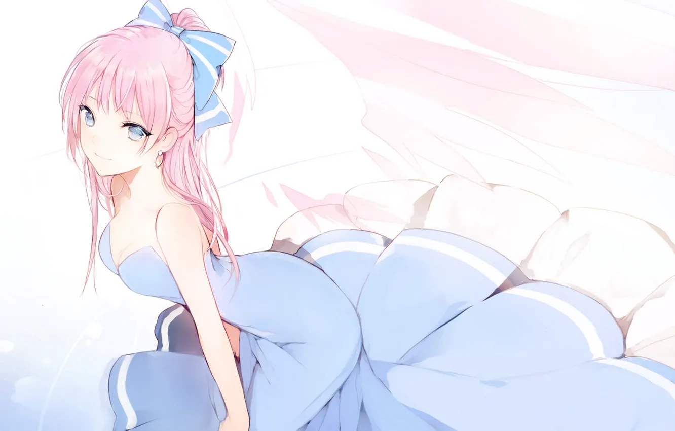 Photo wallpaper girl, neckline, blue eyes, art, pink hair, blue dress, hair bow, Ipip