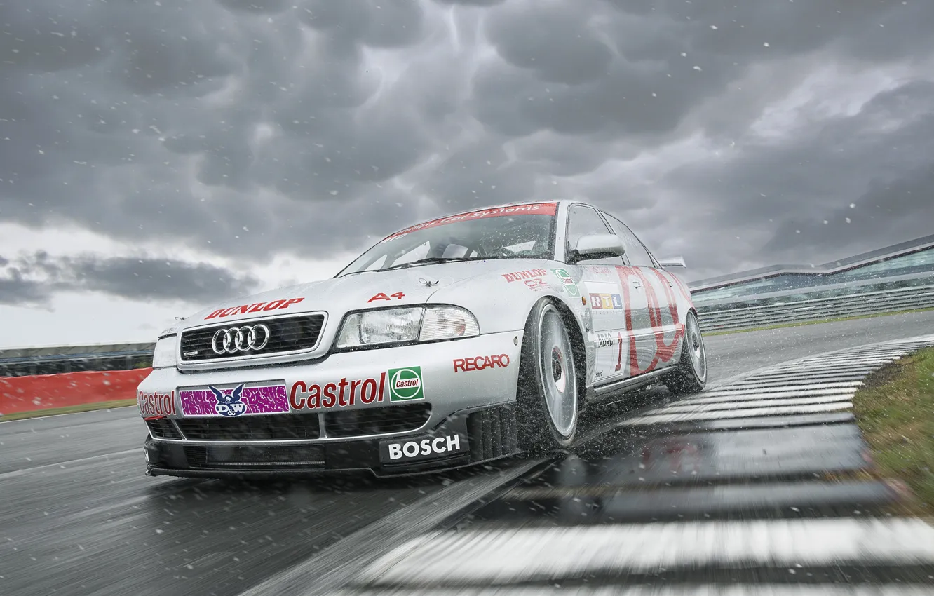 Photo wallpaper Audi, Front, water, race, Silver, Track, Audi A4, A4 B5
