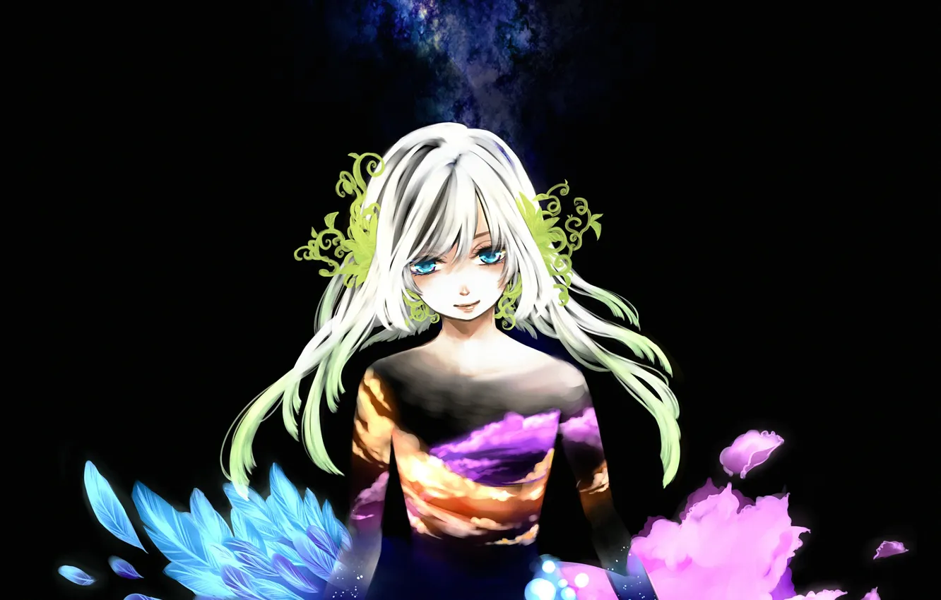 Photo wallpaper girl, smile, paint, anime, feathers, art, he+zo