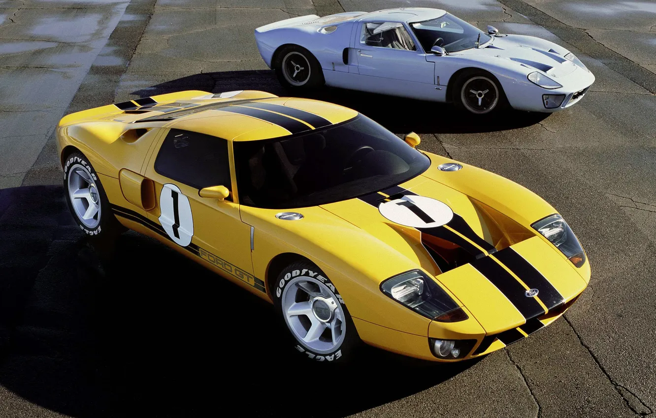 Photo wallpaper Ford, supercar, Goodyear, Ford, old and new, yellow and silver