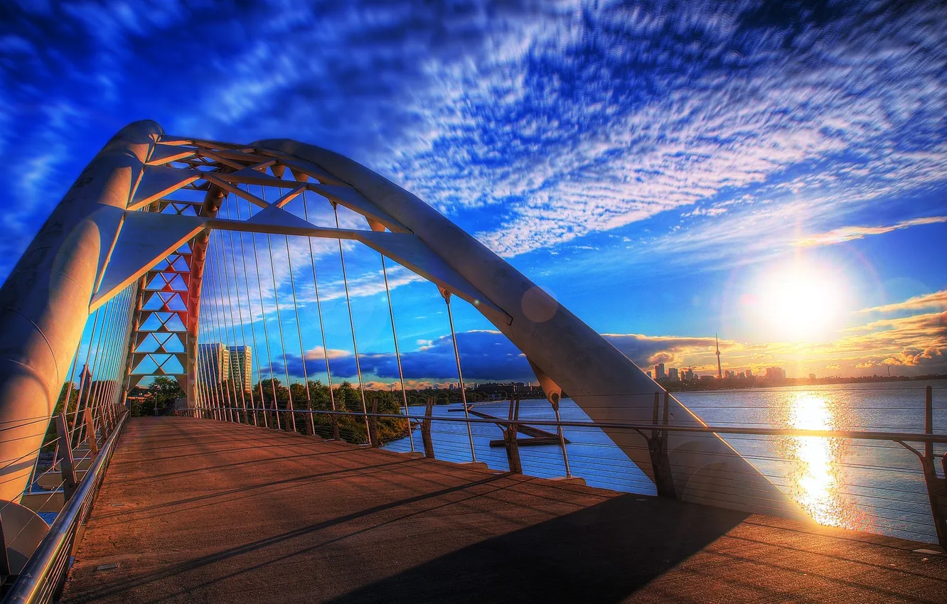 Photo wallpaper the sky, the sun, clouds, light, sunset, bridge, home, Canada