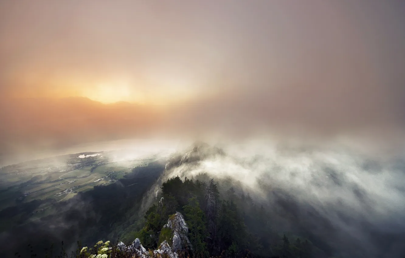 Photo wallpaper mountains, fog, valley
