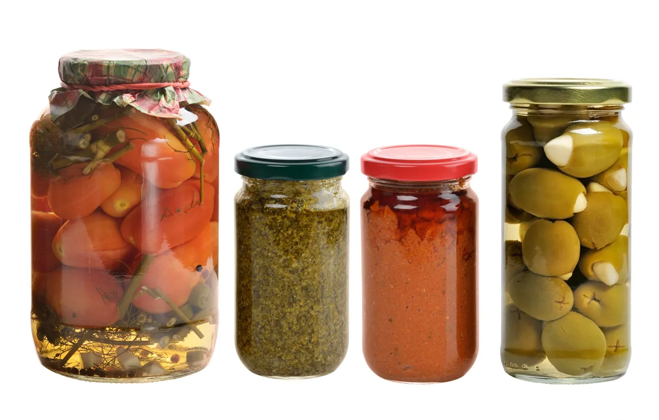 Photo wallpaper Bank, white background, still life, vegetables, tomatoes, olives, spices, pickles