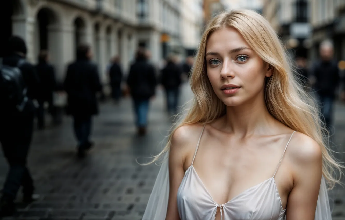 Photo wallpaper girl, dress, walk, beautiful, in white, on the street, in the city