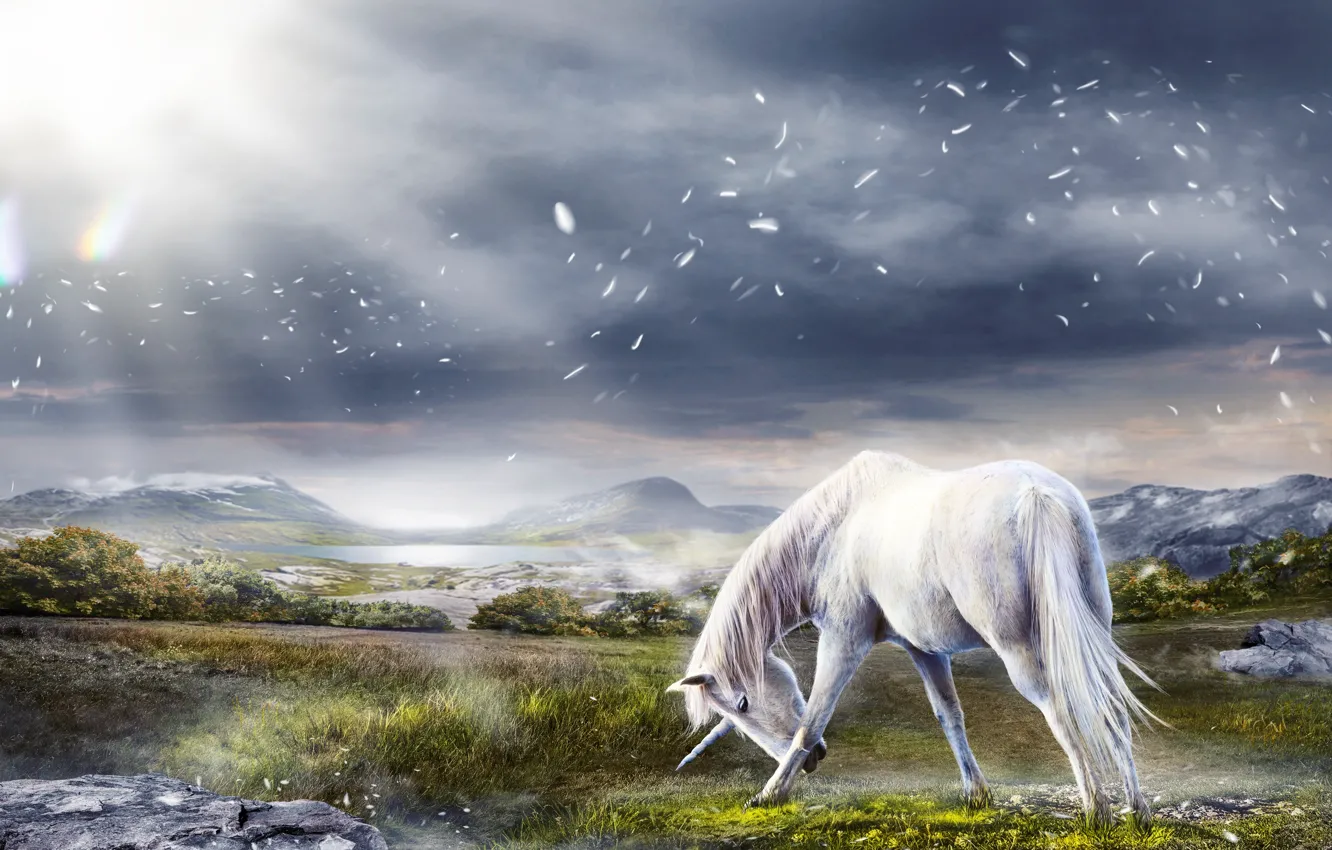 Photo wallpaper Mountains, Horse, Clouds, Unicorn, Art