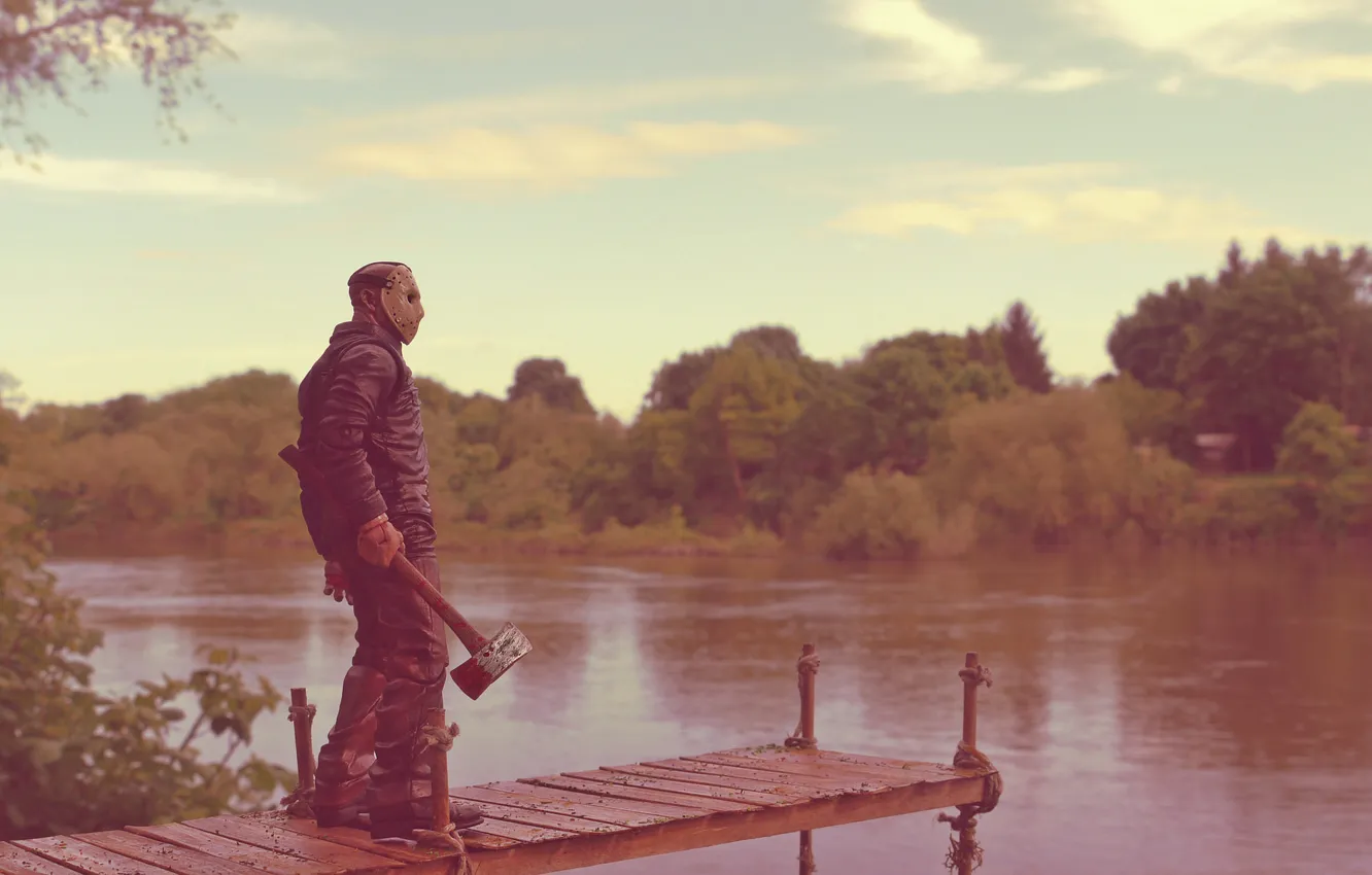 Photo wallpaper river, blood, toy, mask, Friday the 13th, axe, they say, Jason