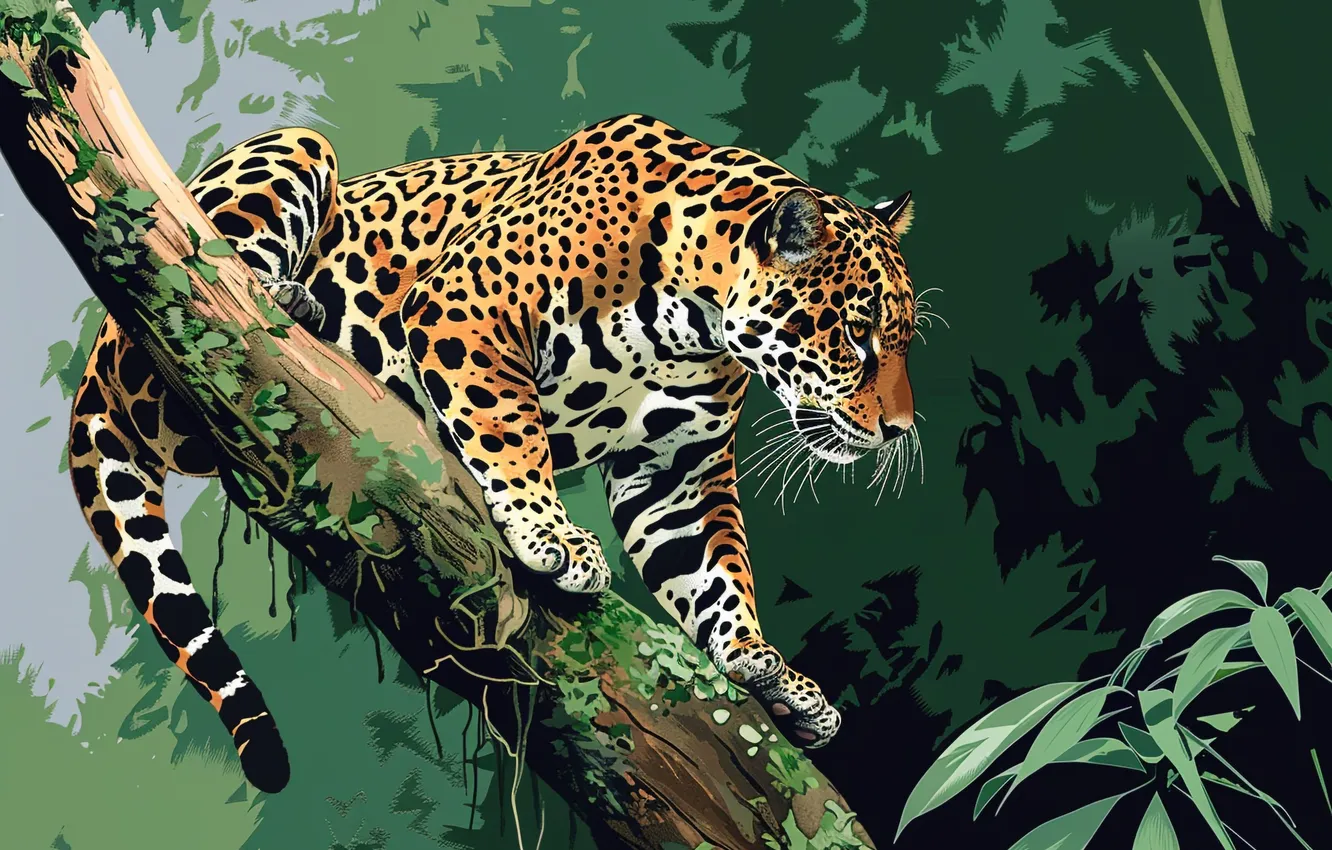 Photo wallpaper leaves, branches, predator, Jaguar, big cat, digital art, imitation painting, AI art