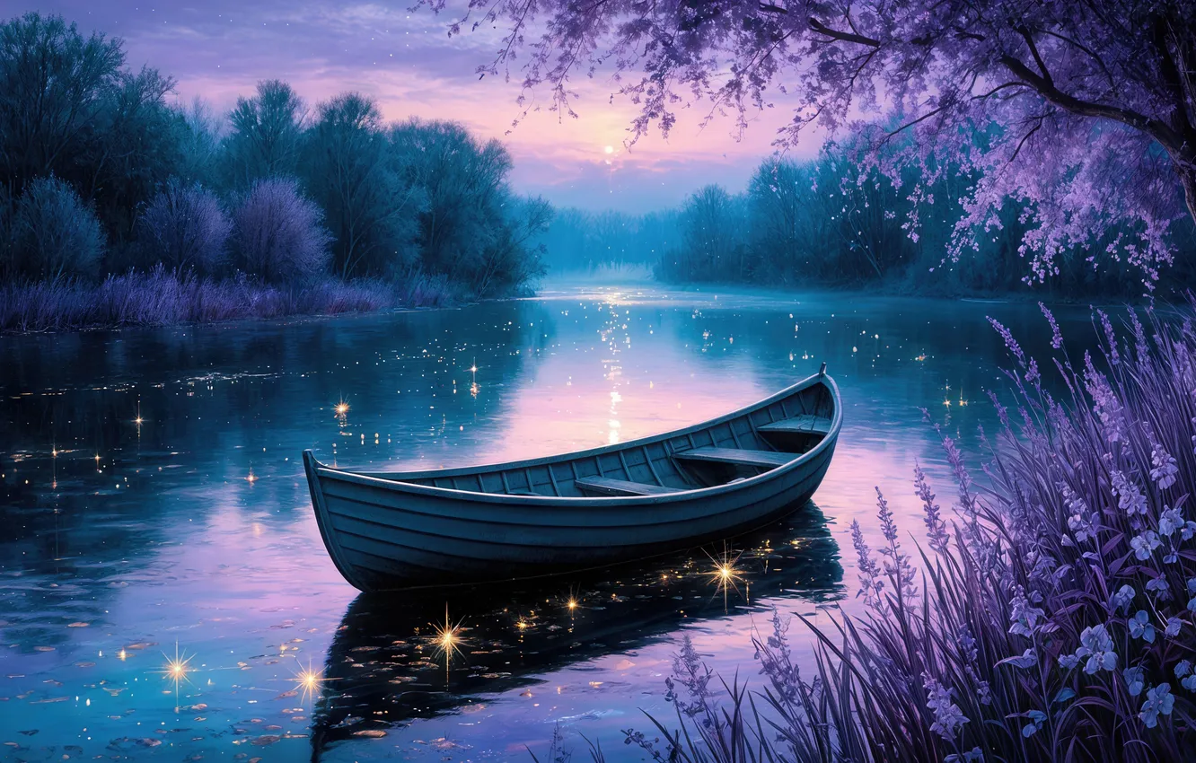 Photo wallpaper forest, light, sunset, night, branches, fog, lake, lights