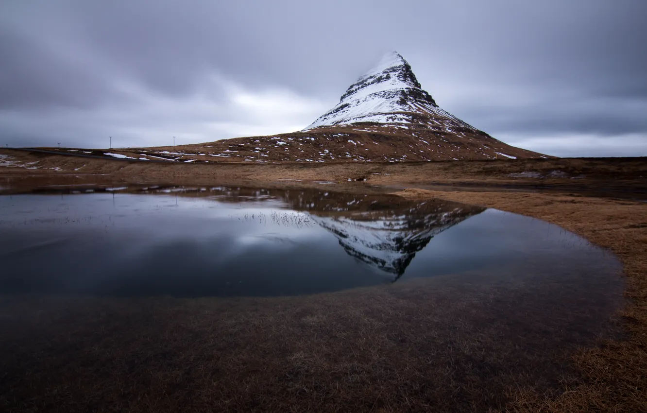 Photo wallpaper the sky, clouds, river, mountain, the volcano, grey, Iceland, Kirkjufell