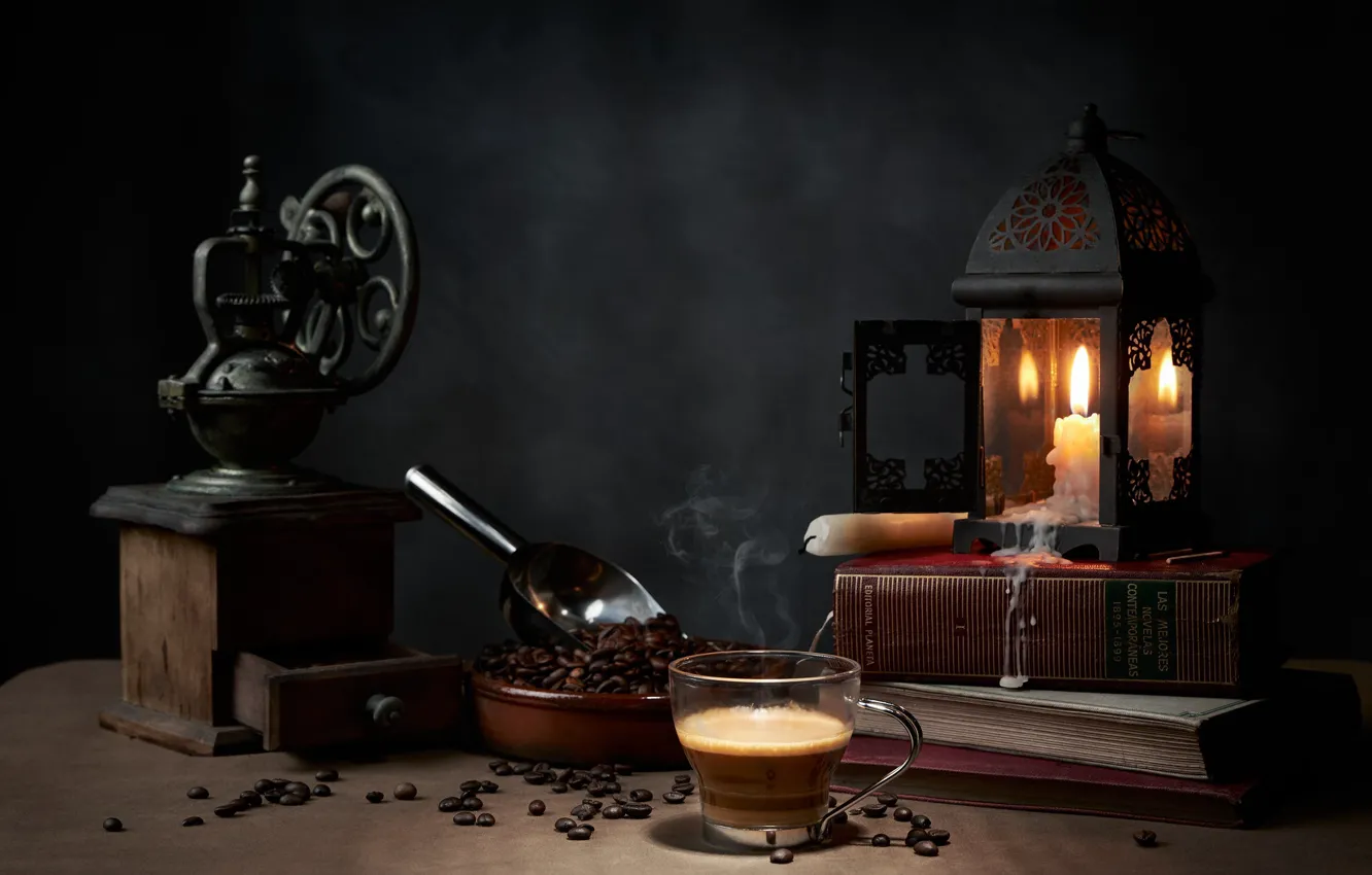Photo wallpaper style, books, lamp, coffee, candles, mug, still life, coffee beans