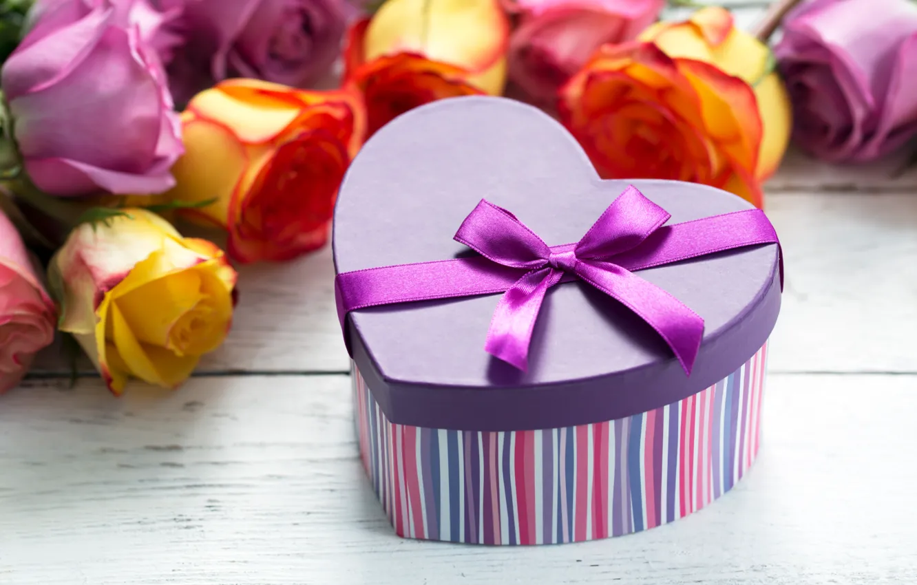 Photo wallpaper box, gift, roses, bouquet, tape, congratulations