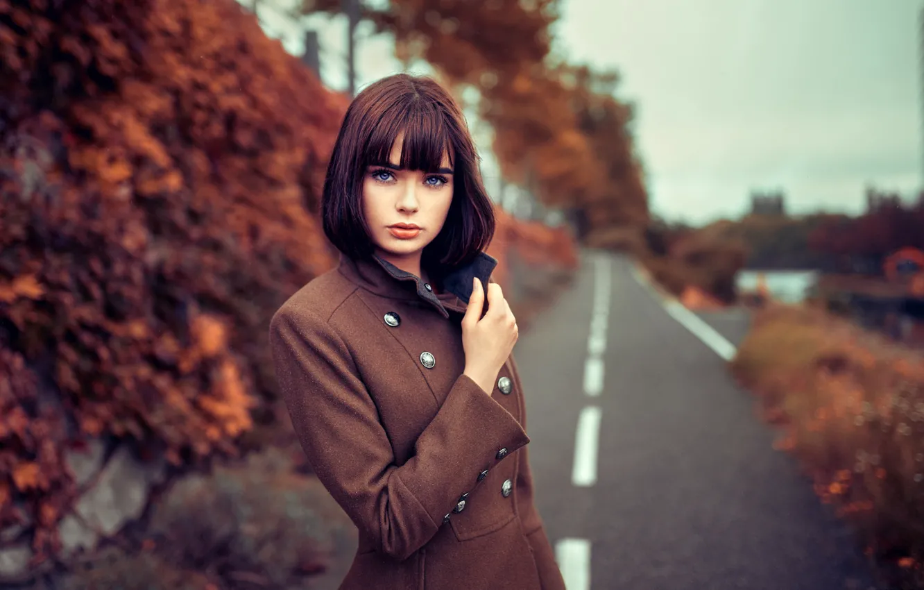 Photo wallpaper road, autumn, trees, pose, portrait, makeup, hairstyle, brown hair