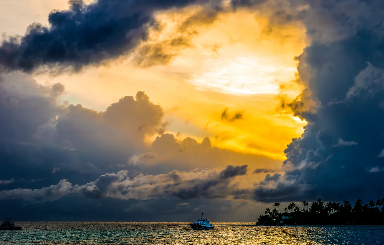 Photo wallpaper sea, the sky, sunset, clouds, palm trees, shore, boat, The Maldives