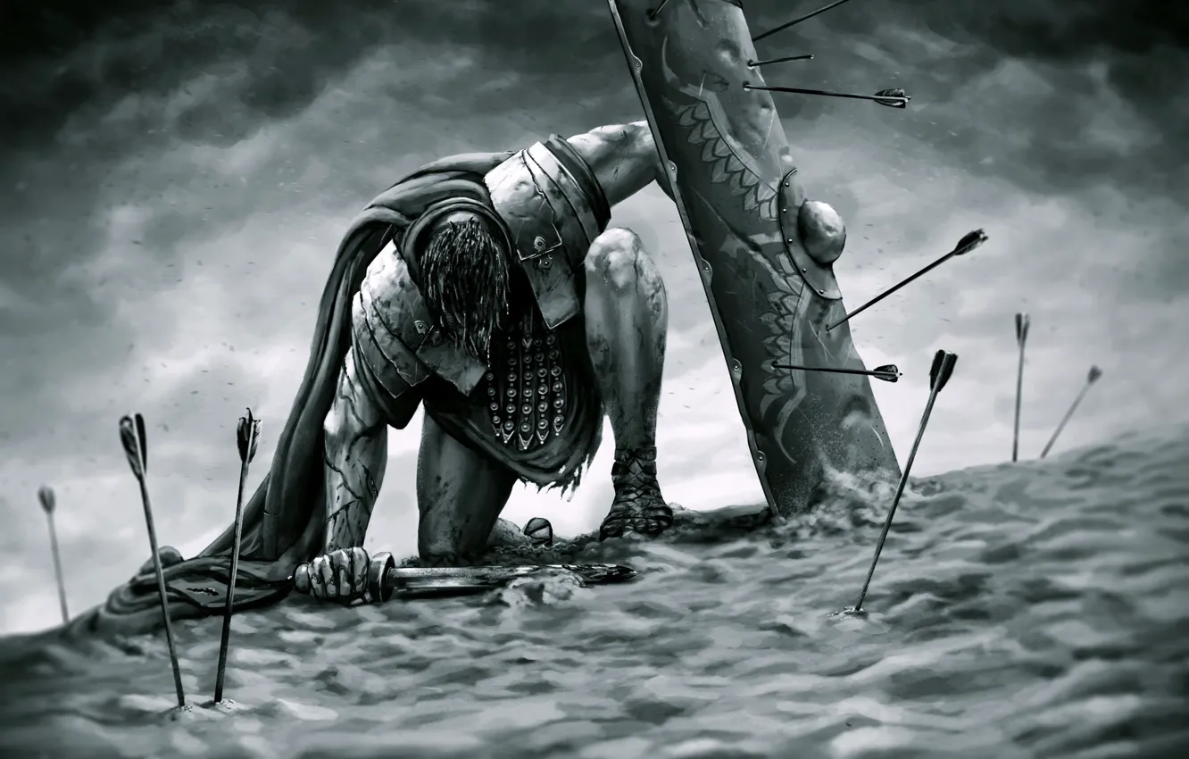 Photo wallpaper sword, warrior, soldiers, black and white, male, shield, arrows, Centurion
