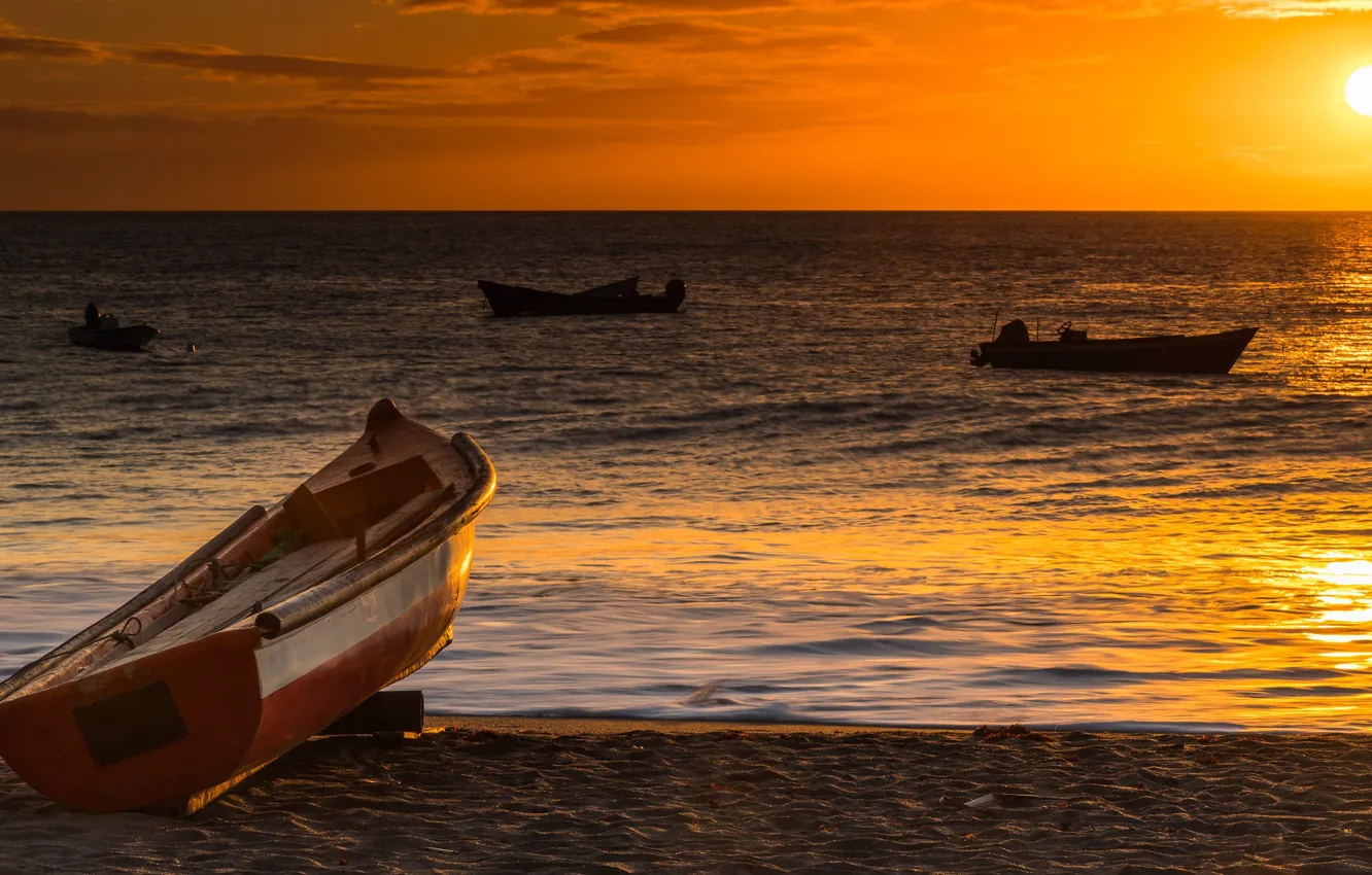 Photo wallpaper sand, sea, the sky, the sun, sunset, shore, boat, horizon