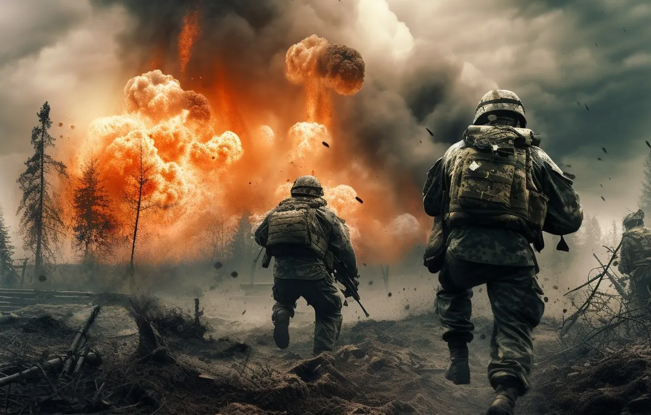 Photo wallpaper the explosion, soldiers, back, male, equipment, digital art, AI art, The Art of Artificial Intelligence