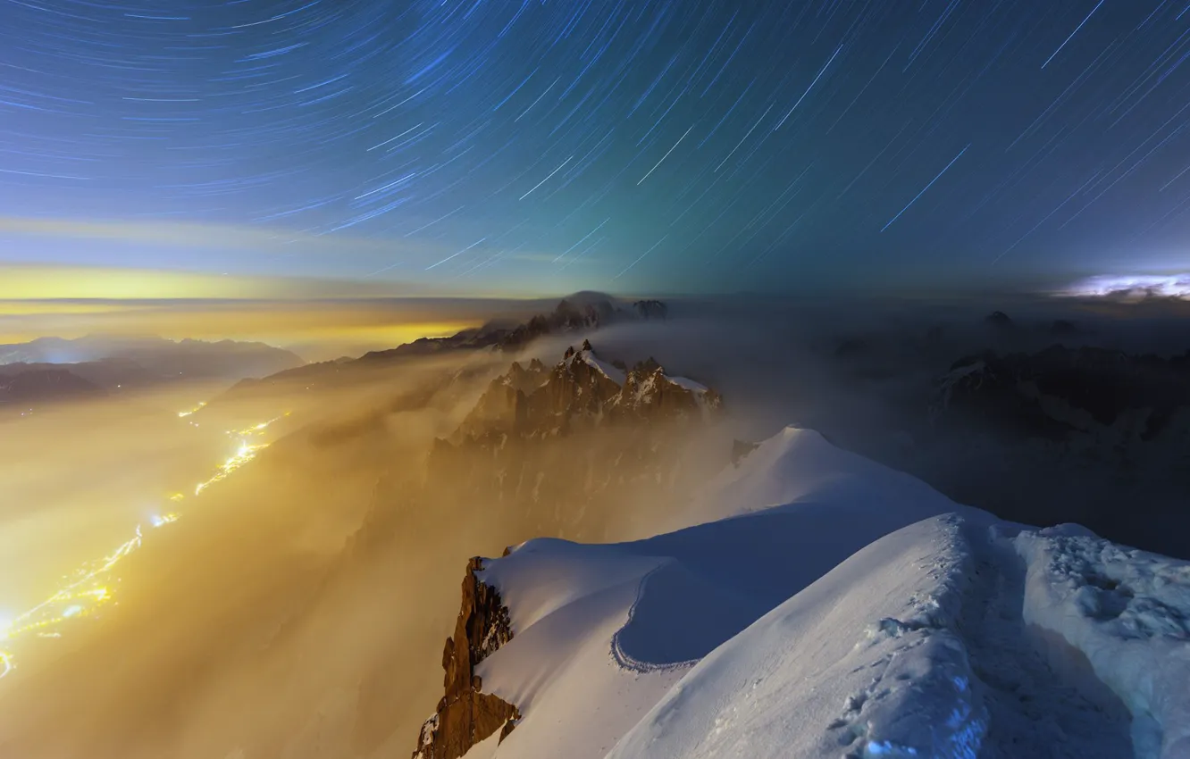Photo wallpaper the sky, mountains, night, lights, tops, France, Star trails and clouds over, Aiguille du Midi …
