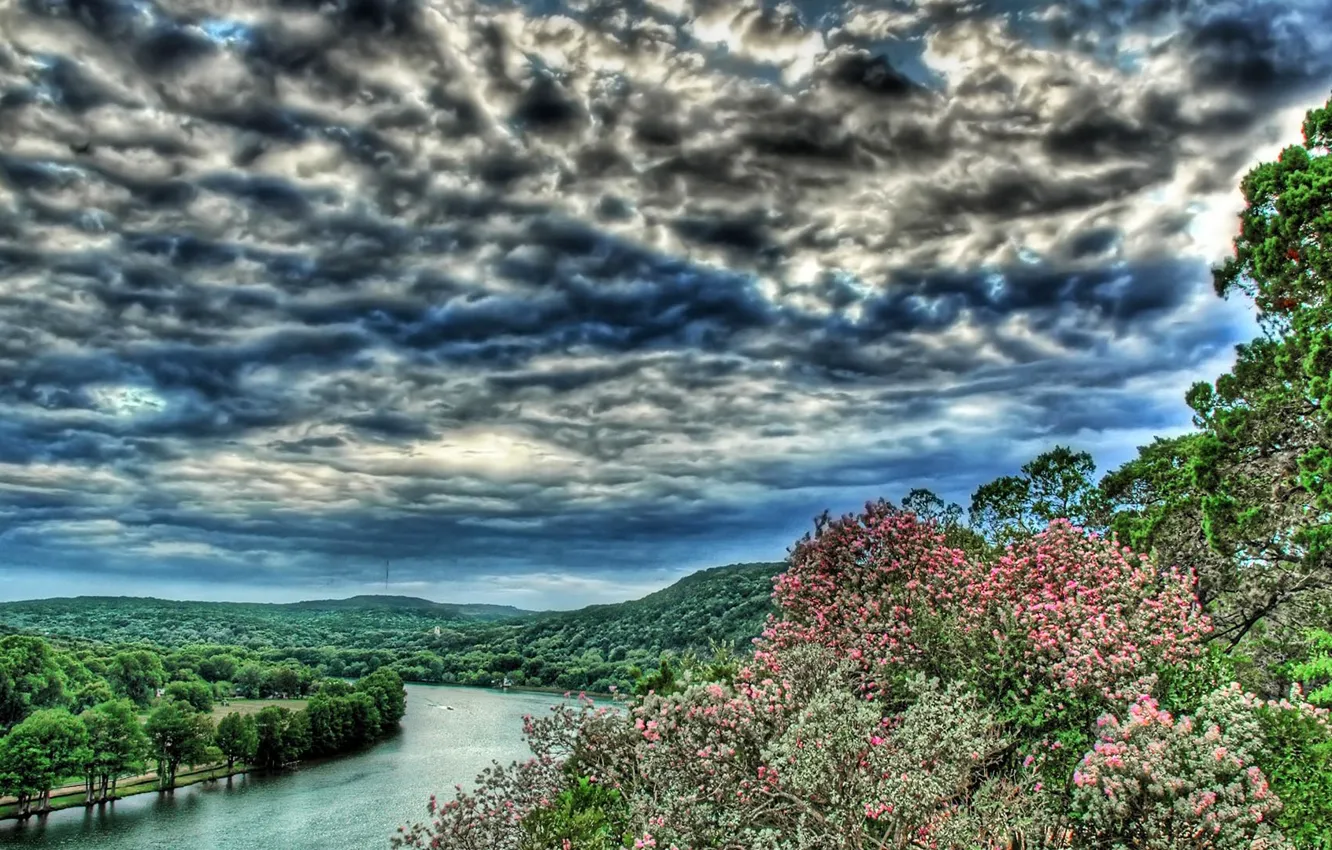 Photo wallpaper the sky, clouds, trees, river, slope