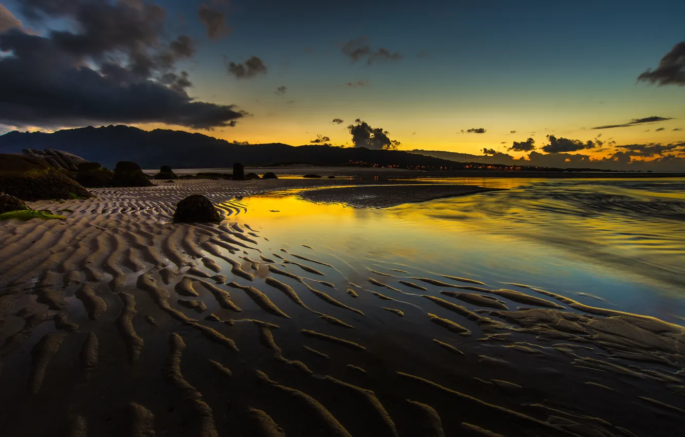 Photo wallpaper sand, sea, the sky, mountains, clouds, stones, shore, the evening