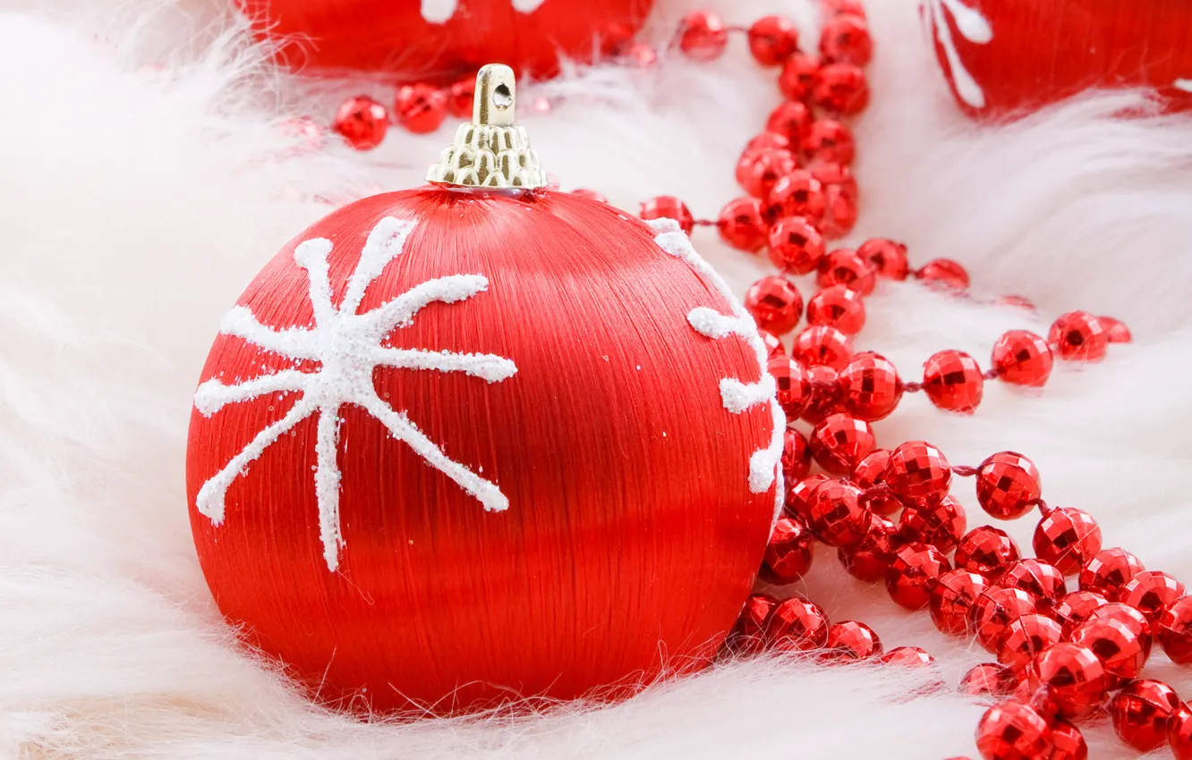 Photo wallpaper red, holiday, new year, ball, Christmas, ball, beads, christmas