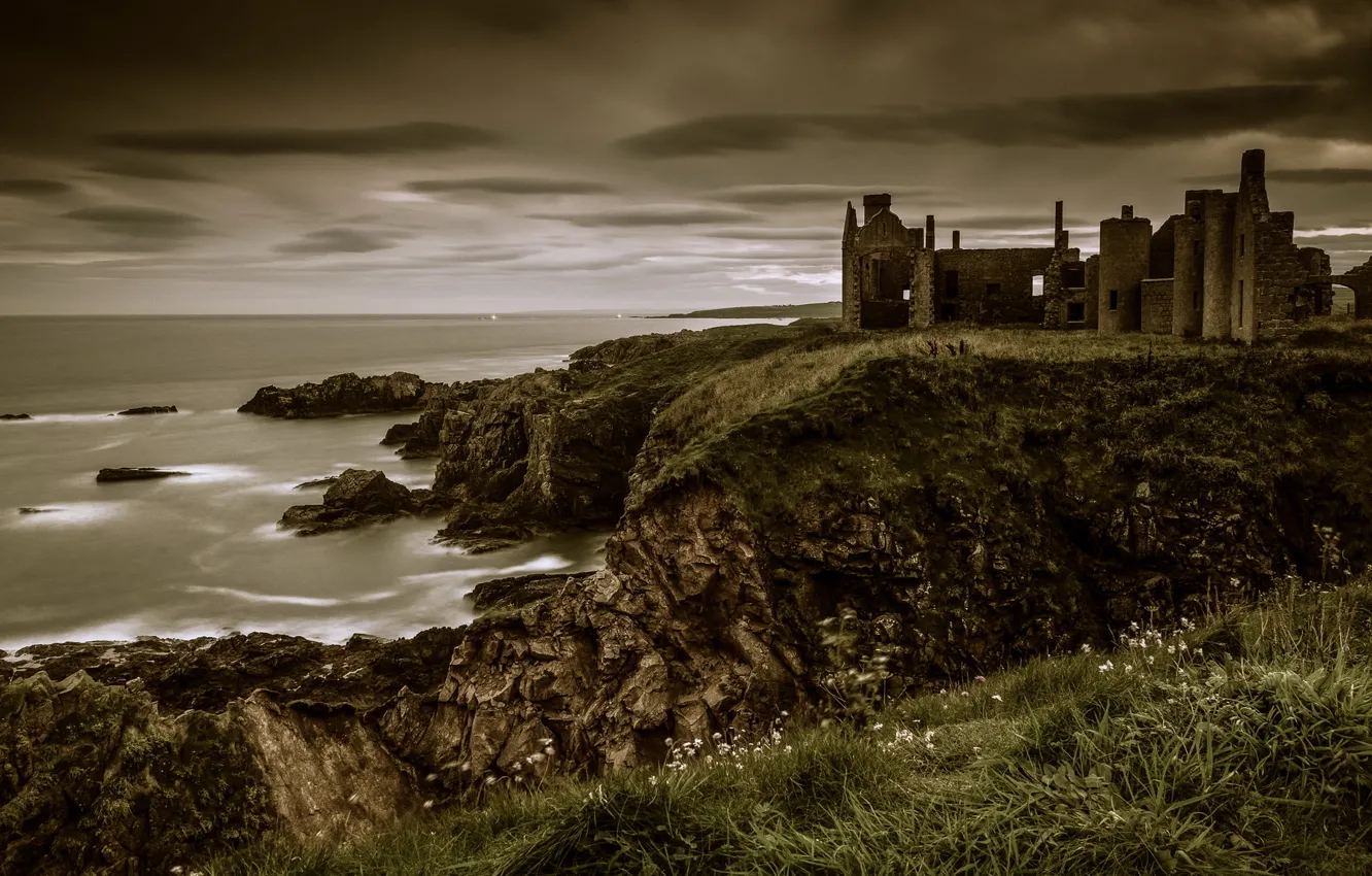 Wallpaper sea, stones, castle, rocks, shore, ruins, gloomy, frowning ...