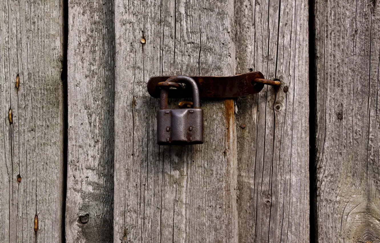 Photo wallpaper metal, wood, pattern, padlock