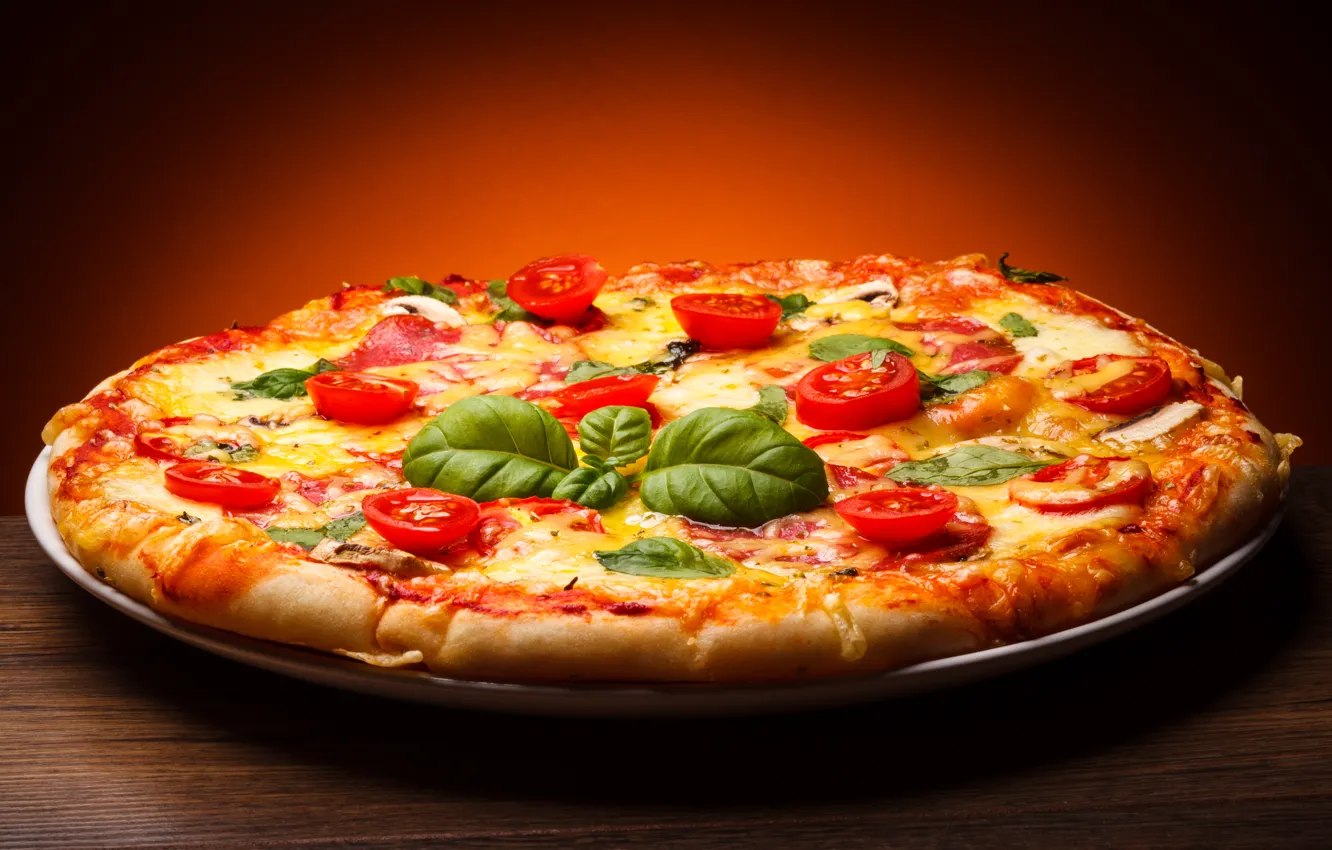 Photo wallpaper mushrooms, cheese, pizza, tomatoes, pizza, dish, salami