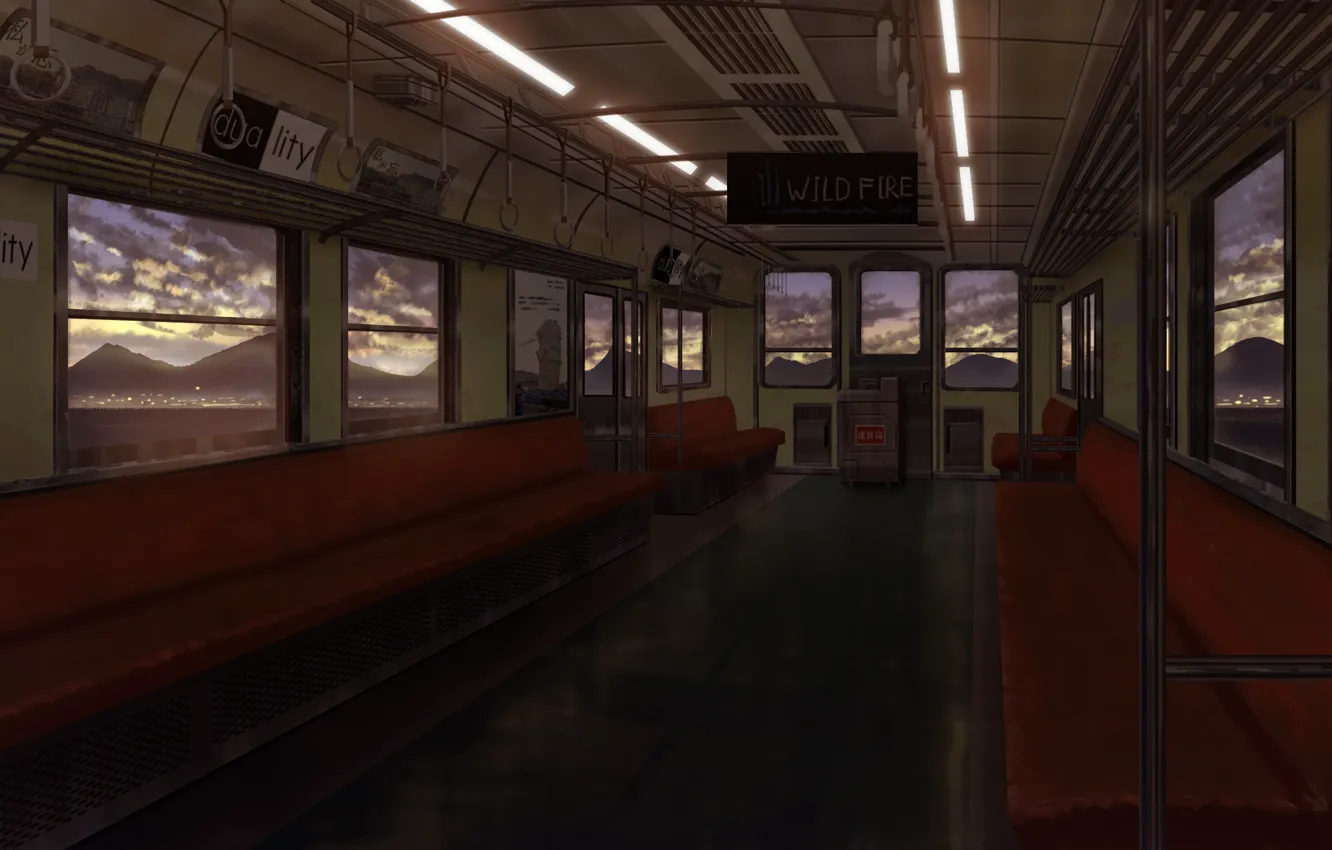 Photo wallpaper sunset, mountains, train, empty