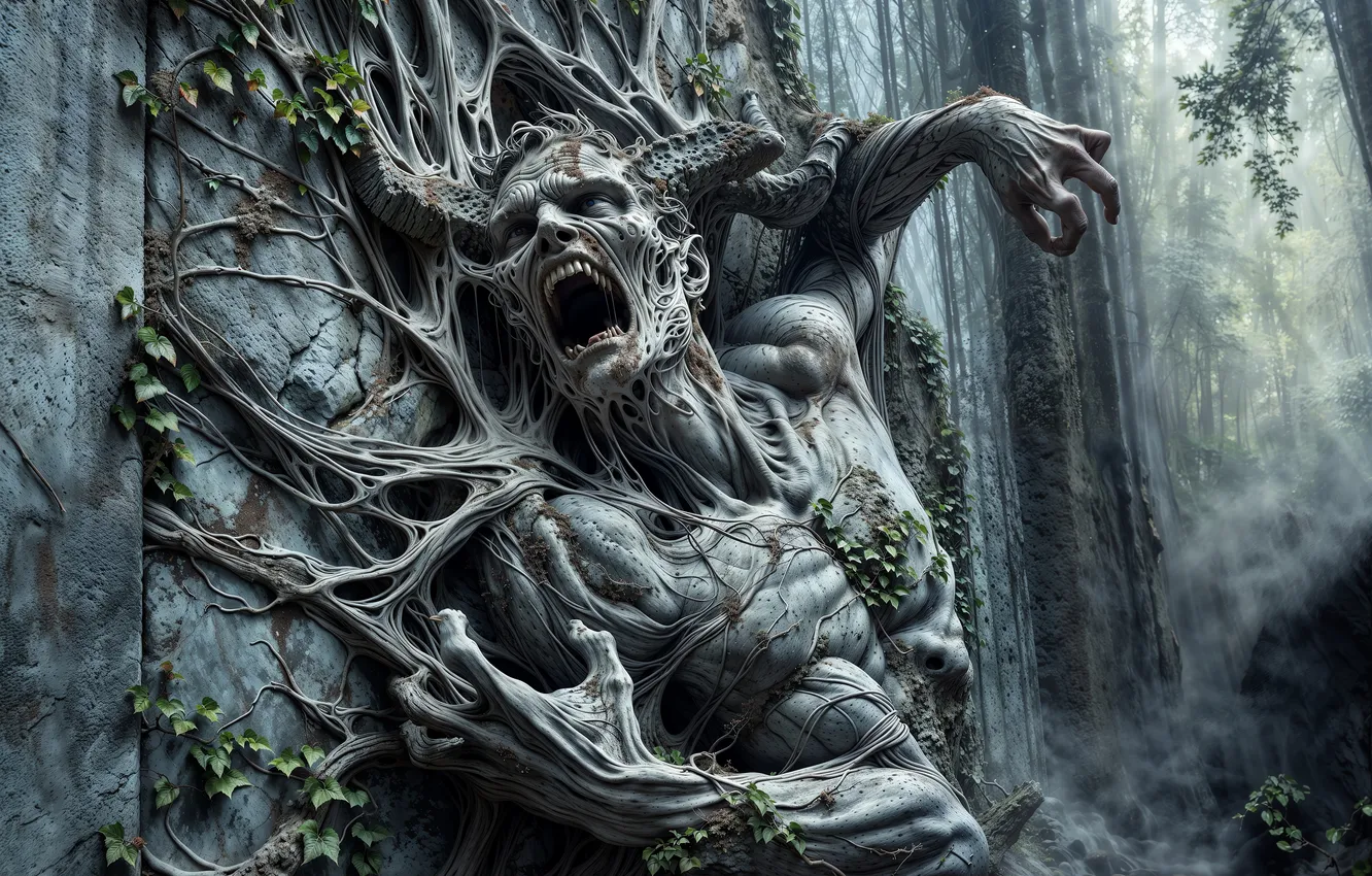 Photo wallpaper trees, stones, male, Creek, undead, Chained to a stone