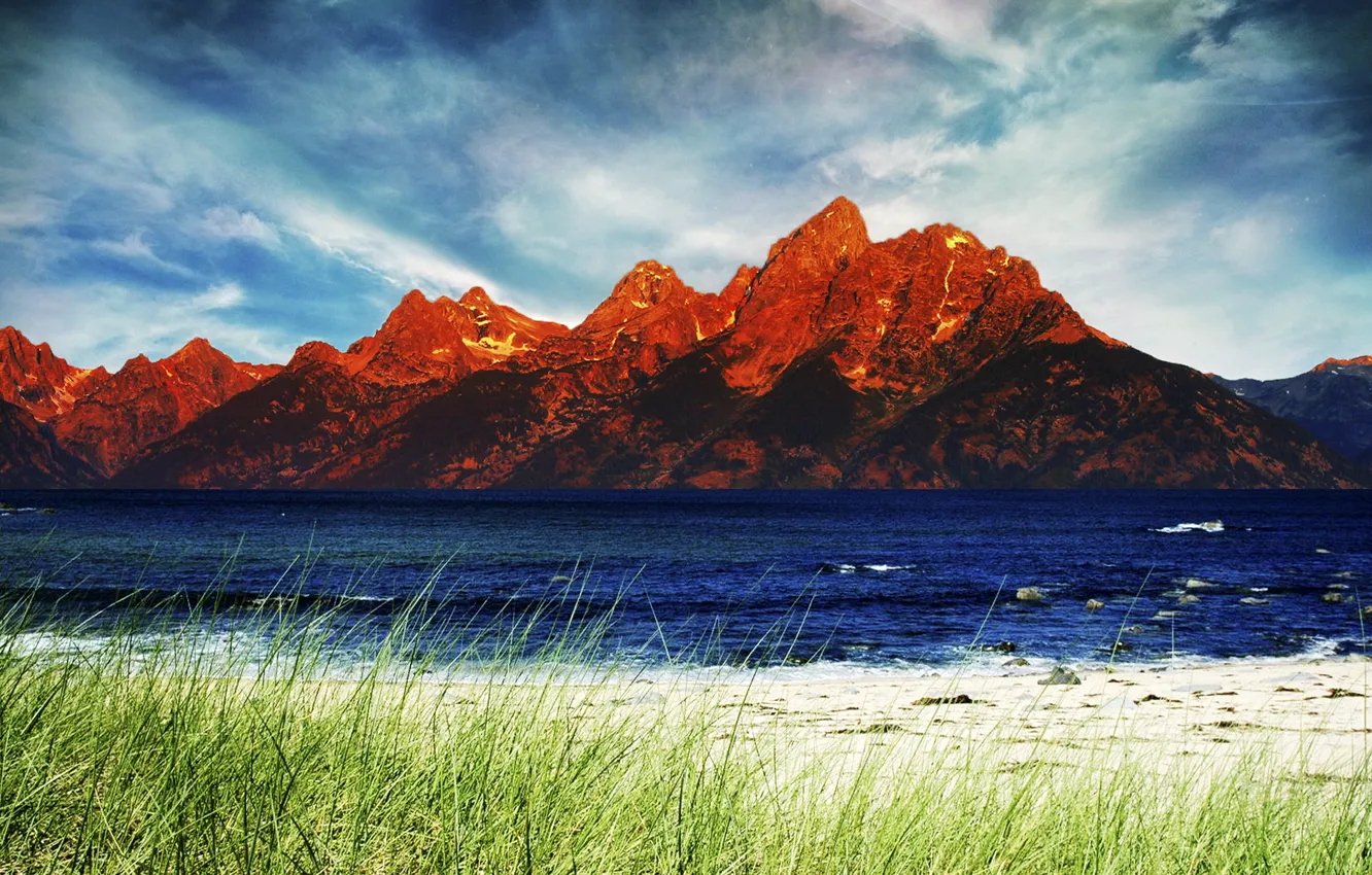 Photo wallpaper the sky, grass, clouds, mountains, nature, river