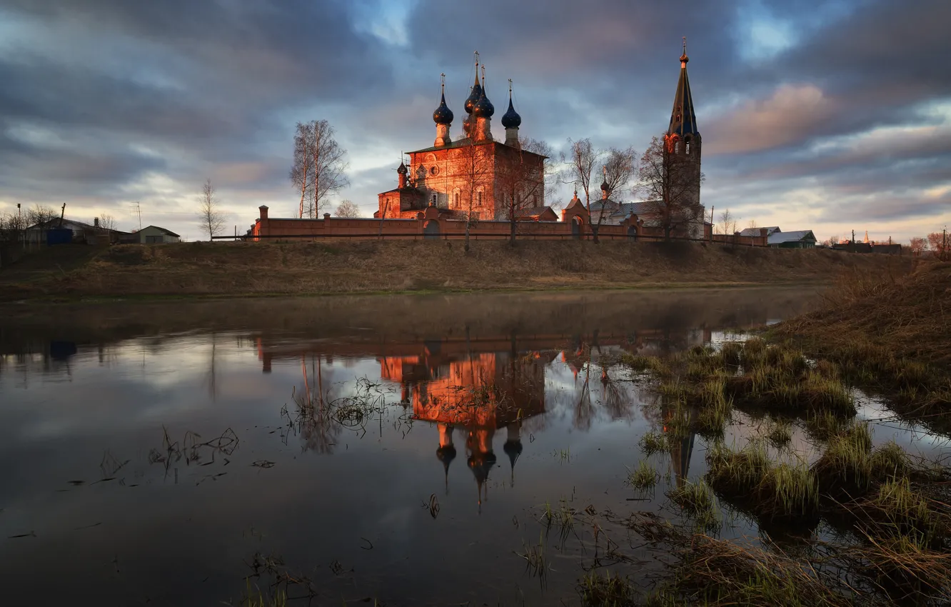 Photo wallpaper reflection, river, dawn, village, temple