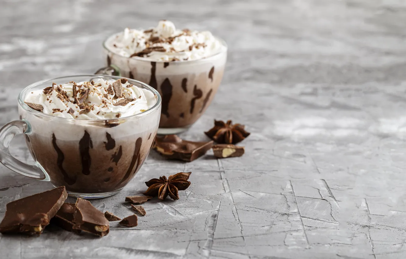 Photo wallpaper chocolate, Cup, cream, dessert, sweet, cocoa, hot chocolate, whipped cream