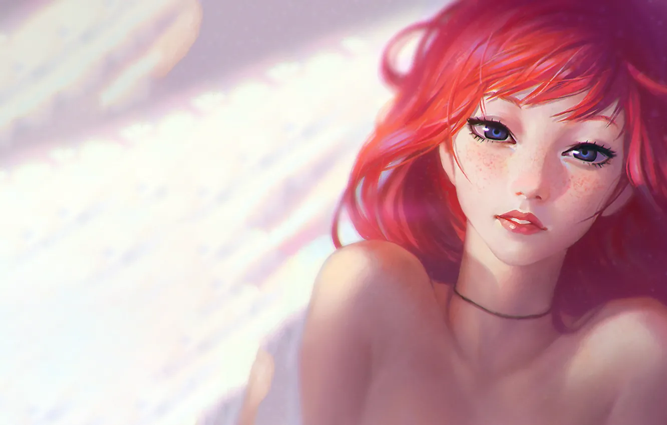 Photo wallpaper Girl, Look, Lips, Hair, Eyes, Red, Painting