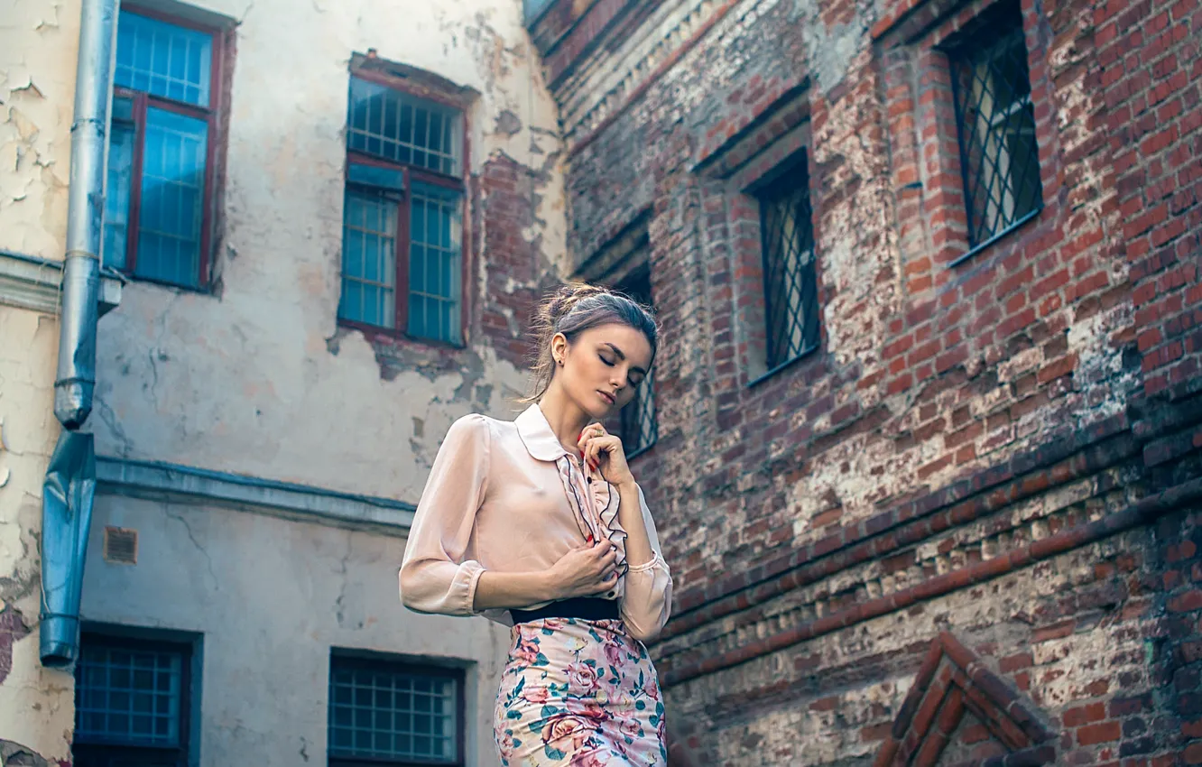Photo wallpaper girl, house, background, skirt, brick, blouse, Alena