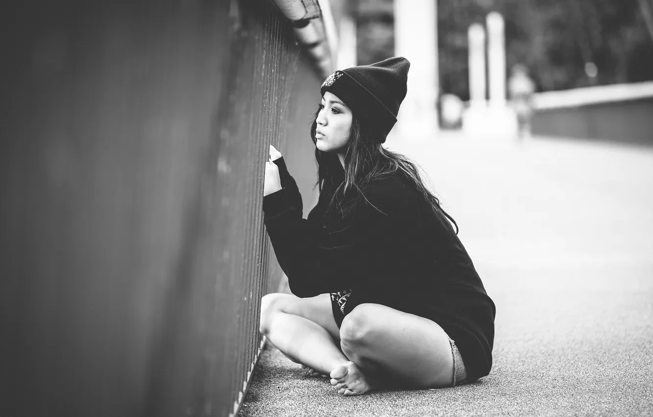 Photo wallpaper eyes, girl, feet, hair, The hood, lips, sweater