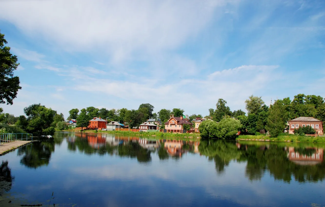 Photo wallpaper trees, pond, reflection, shore, building, Sergiev Posad, "Bath"