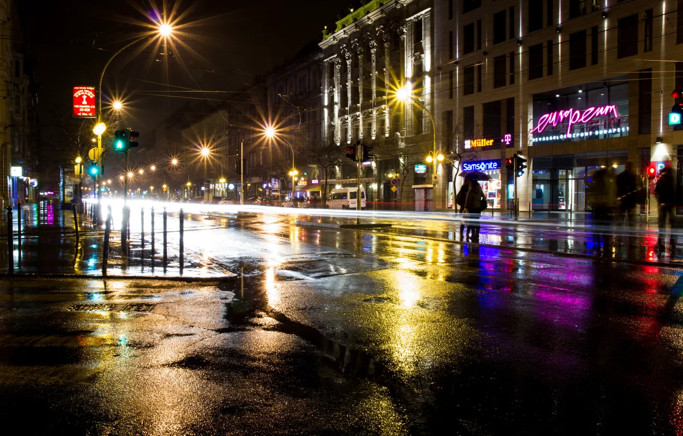 Photo wallpaper road, asphalt, night, the city, lights, people, building, excerpt